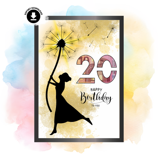 Geldgeschenk - Frau mit Pusteblume als Geschenk zum 20. Geburtstag - eCARD4you