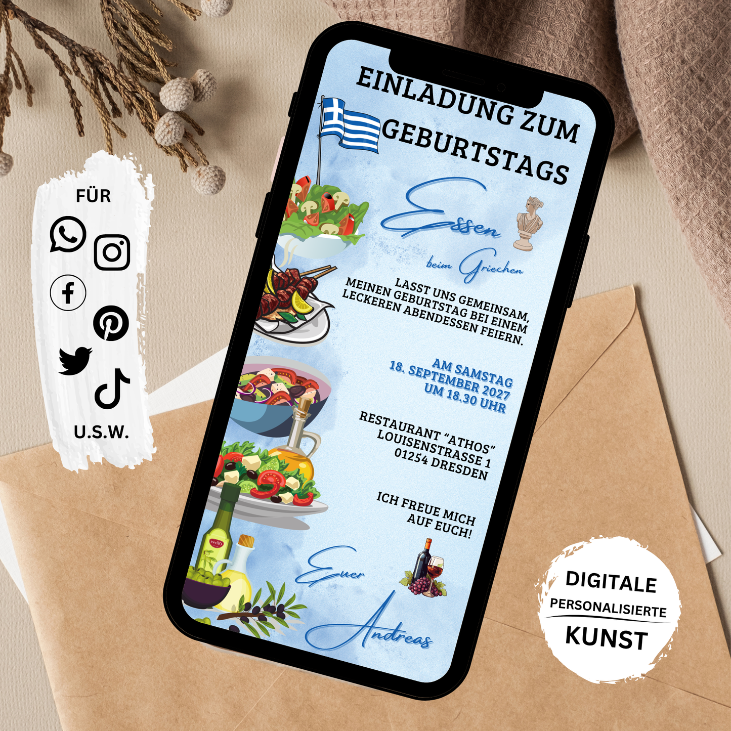 eCARD - Einladung Geburtstag Abendessen Grieche