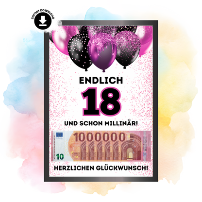 Geldgeschenk - Endlich 18 und schon Millionär mit lila Luftballons (Kopie) - eCARD4you
