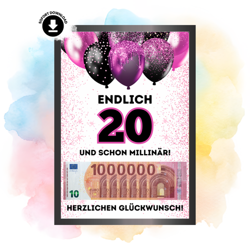 Geldgeschenk - Endlich 20 und schon Millionär mit lila Luftballons - eCARD4you