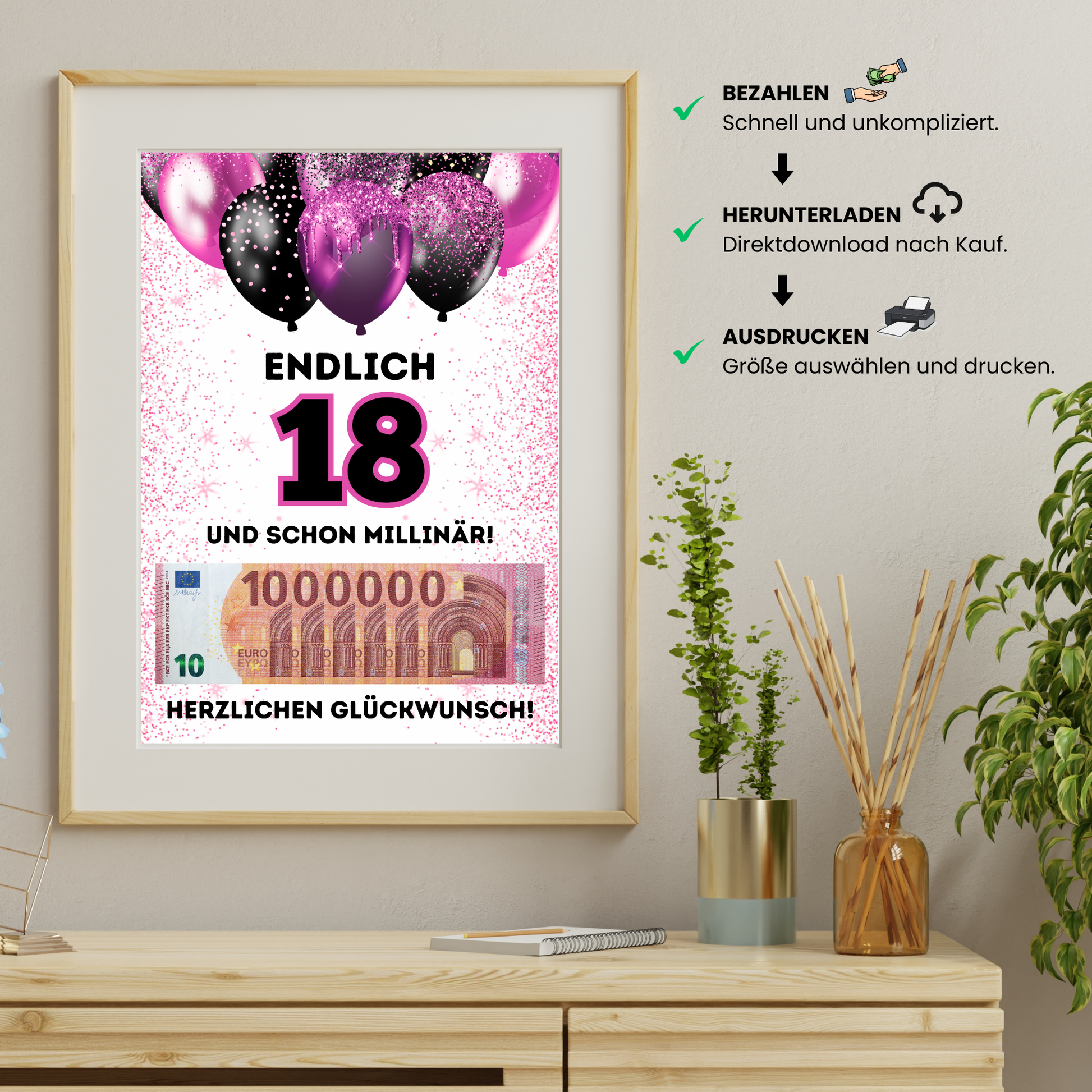Geldgeschenk - Endlich 18 und schon Millionär mit lila Luftballons (Kopie) - eCARD4you
