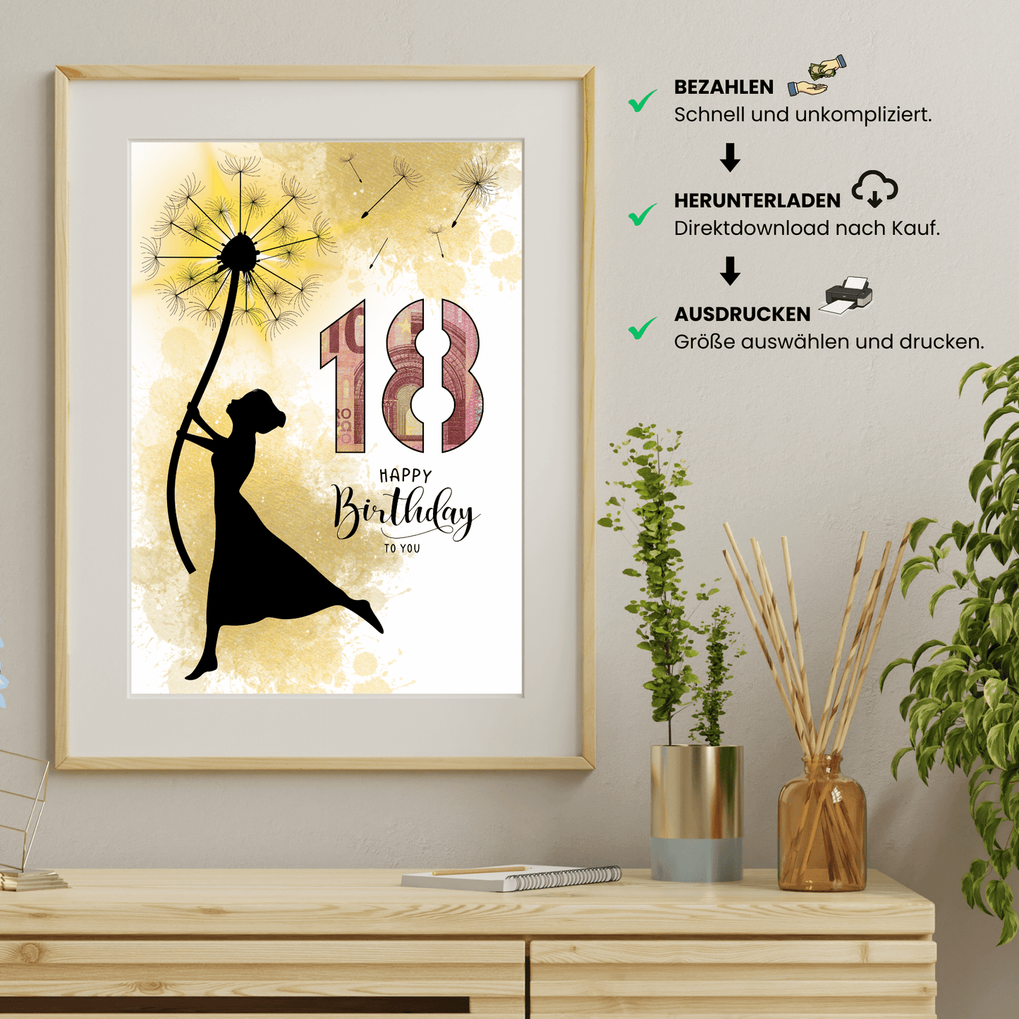 Geldgeschenk - Frau mit Pusteblume als Geschenk zum 18. Geburtstag - eCARD4you