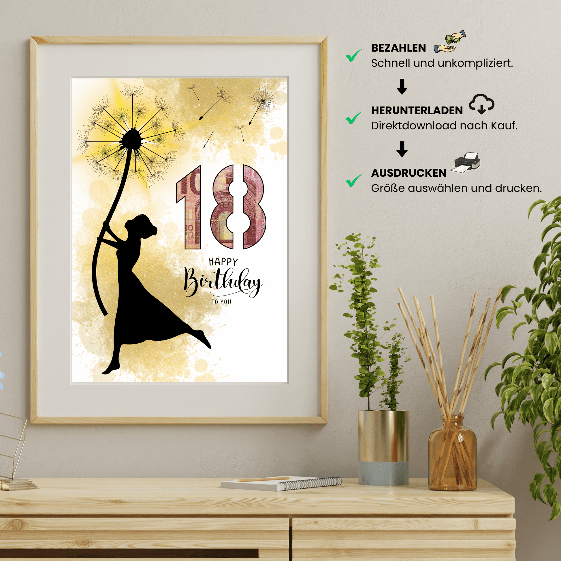 Geldgeschenk - Frau mit Pusteblume als Geschenk zum 18. Geburtstag - eCARD4you