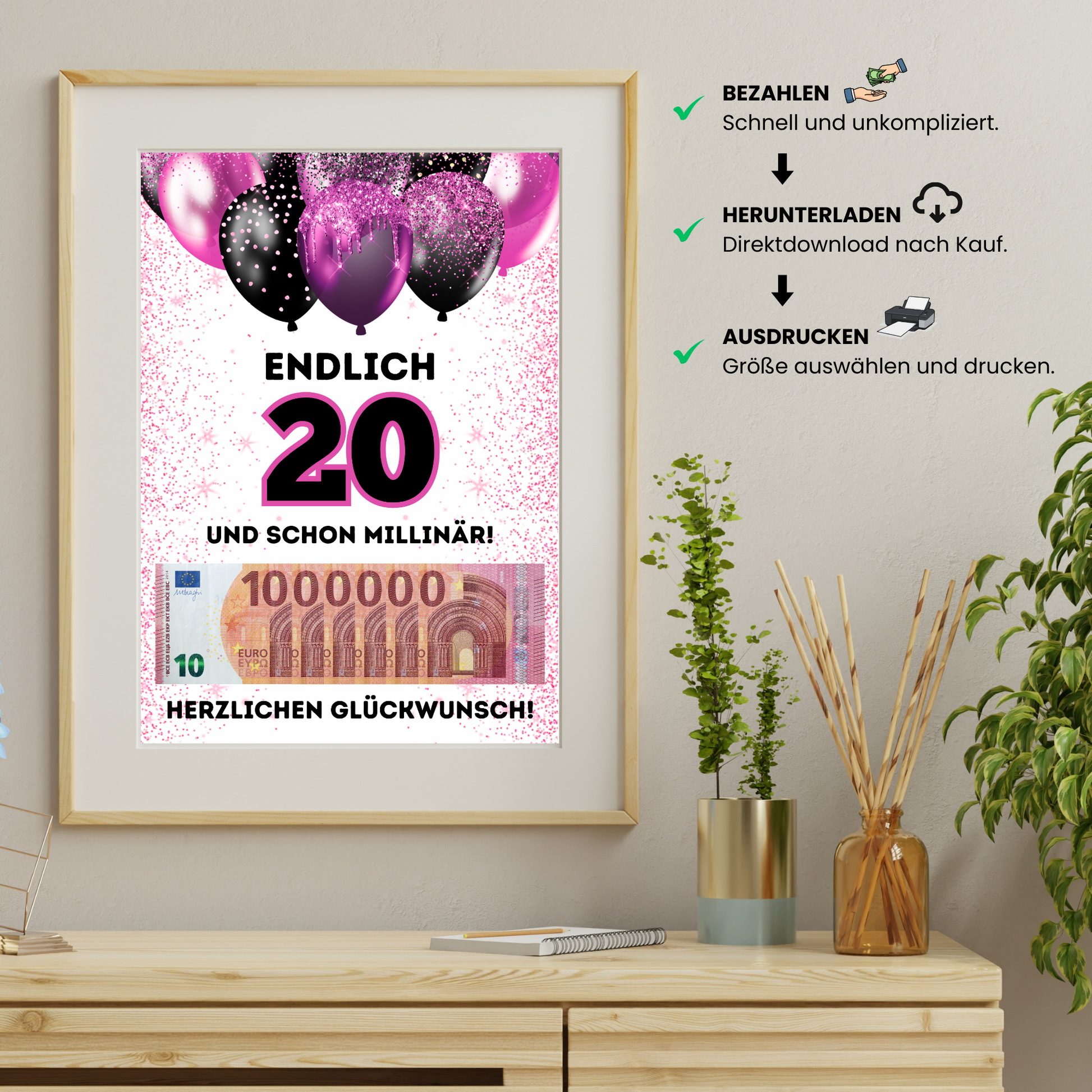 Geldgeschenk - Endlich 20 und schon Millionär mit lila Luftballons - eCARD4you