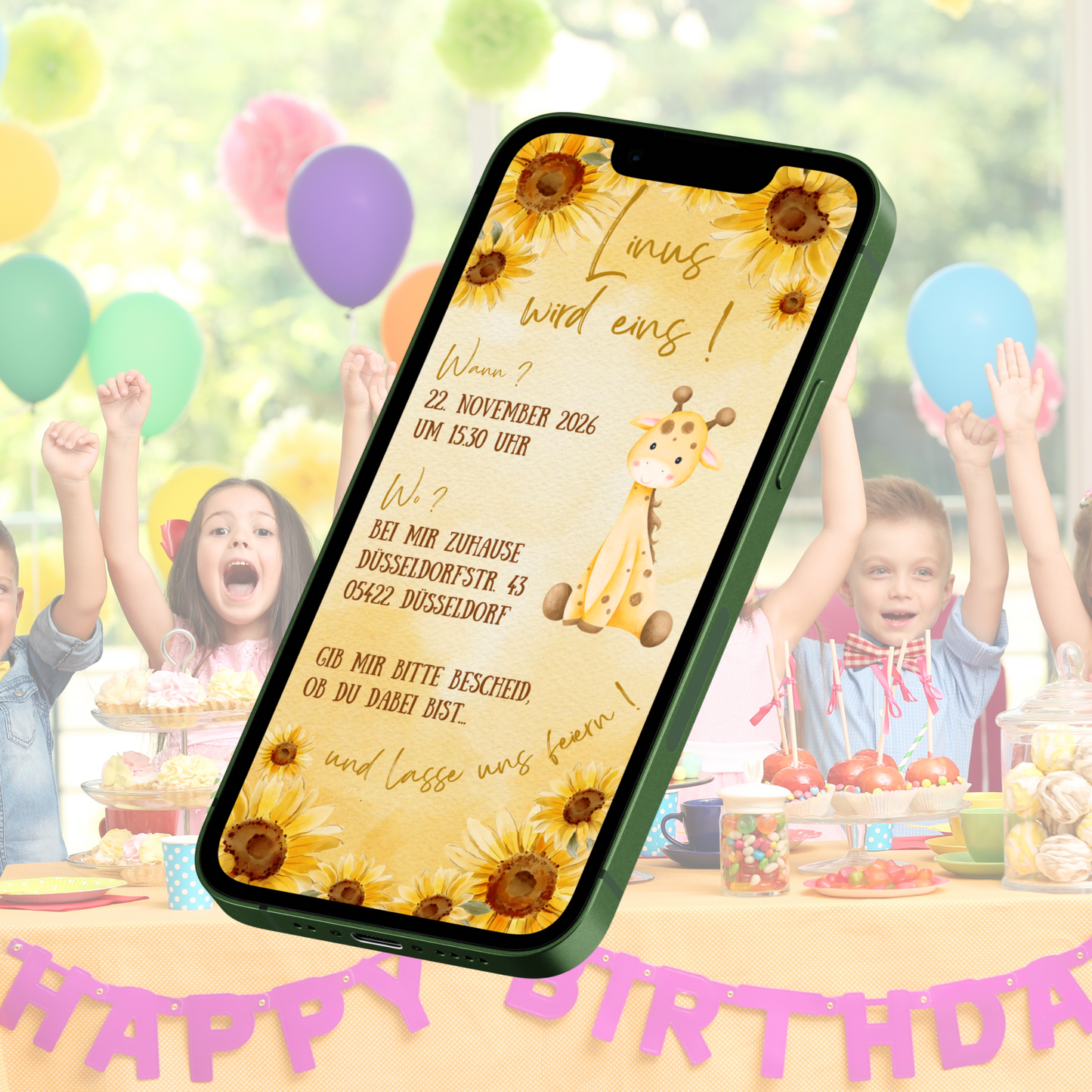eCARD - Animierte Kindergeburtstags Party Einladungskarte