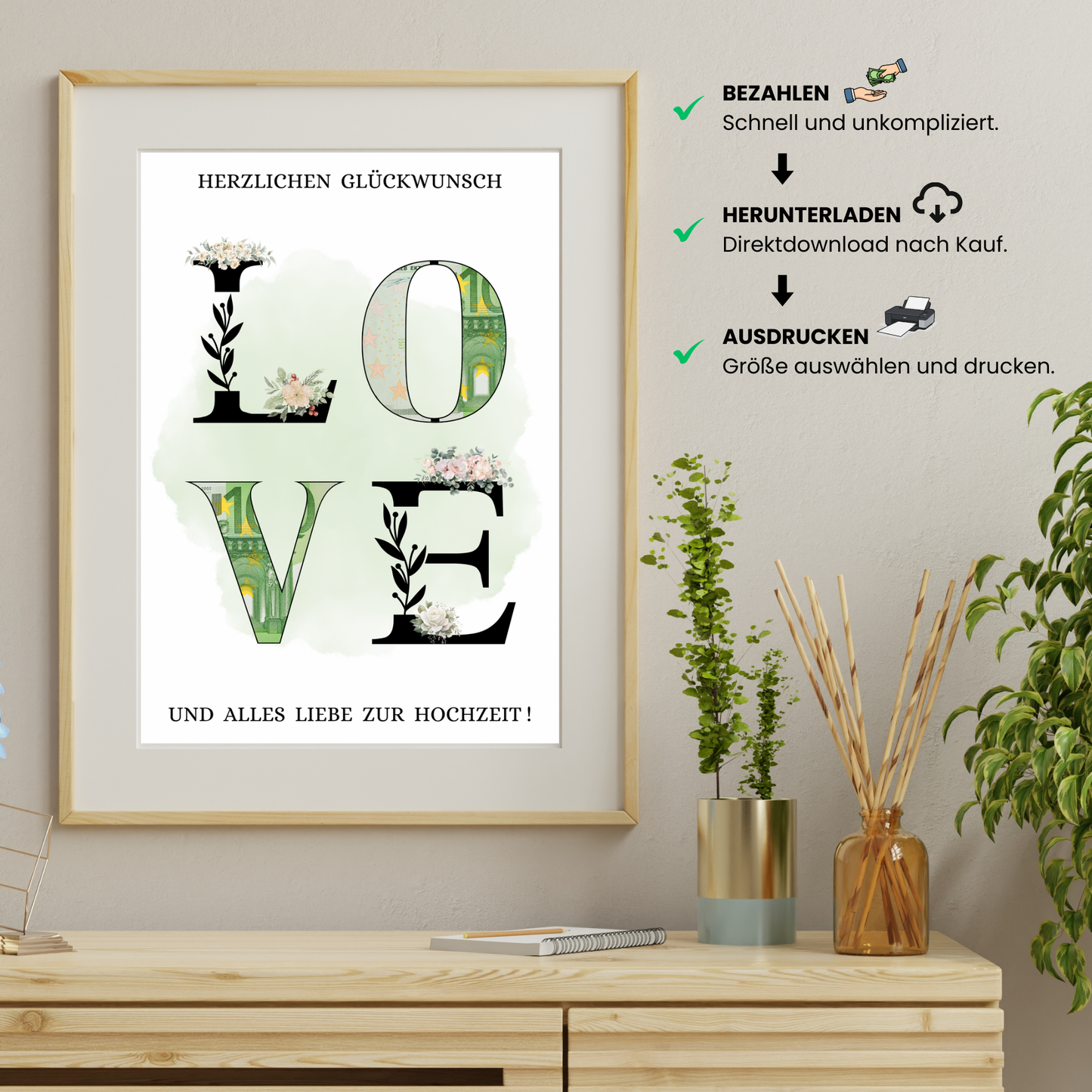 Geldgeschenk - Love Geschenkidee für die Hochzeit mit Blumen