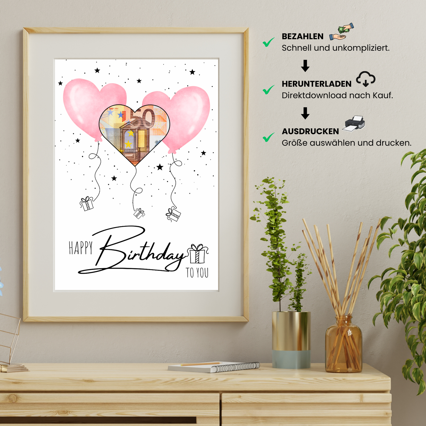 Geldgeschenk - Geschenk für den Geburtstag mit rosa Herzen