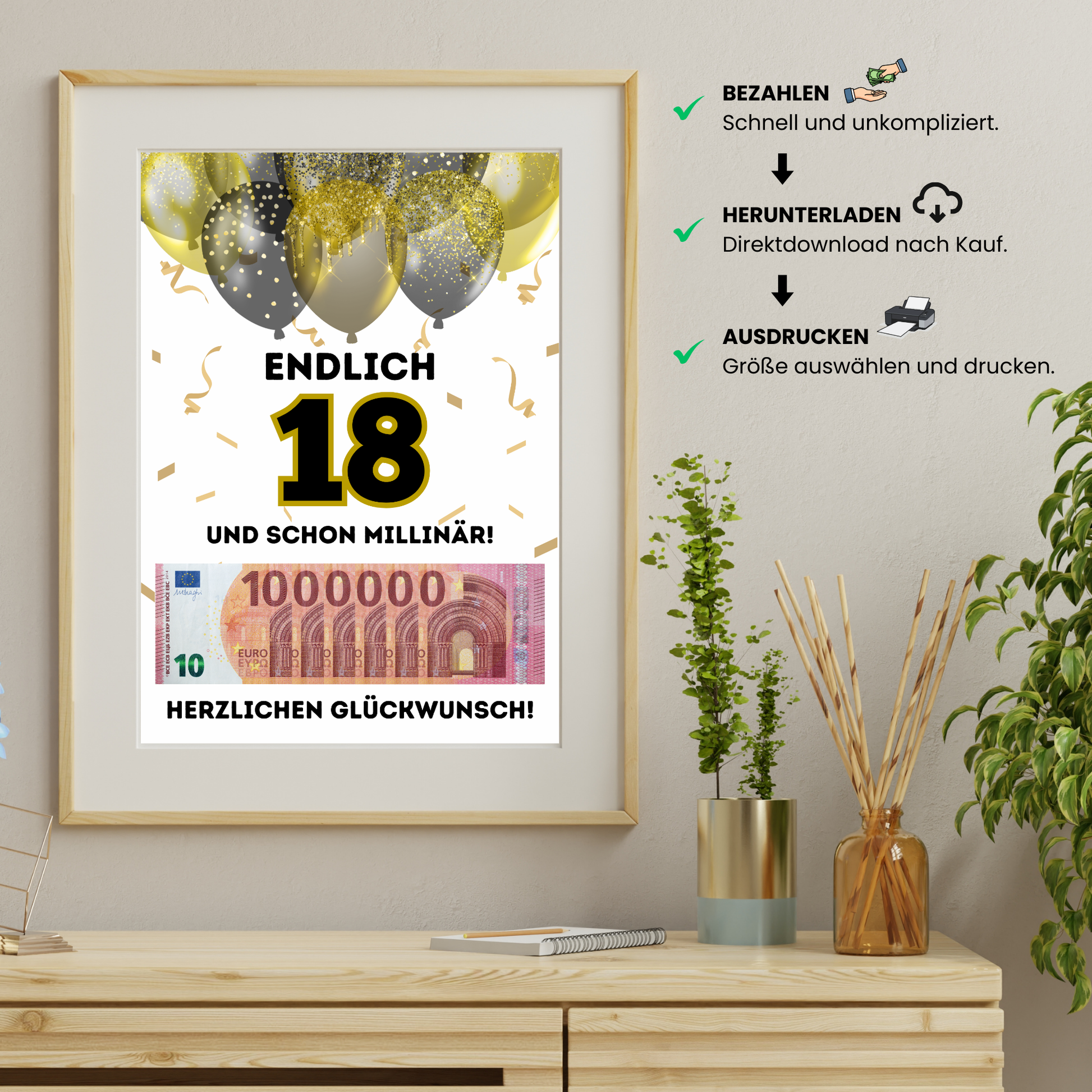 Geldgeschenk - Endlich 18 und schon Millionär mit Gold Luftballons - eCARD4you