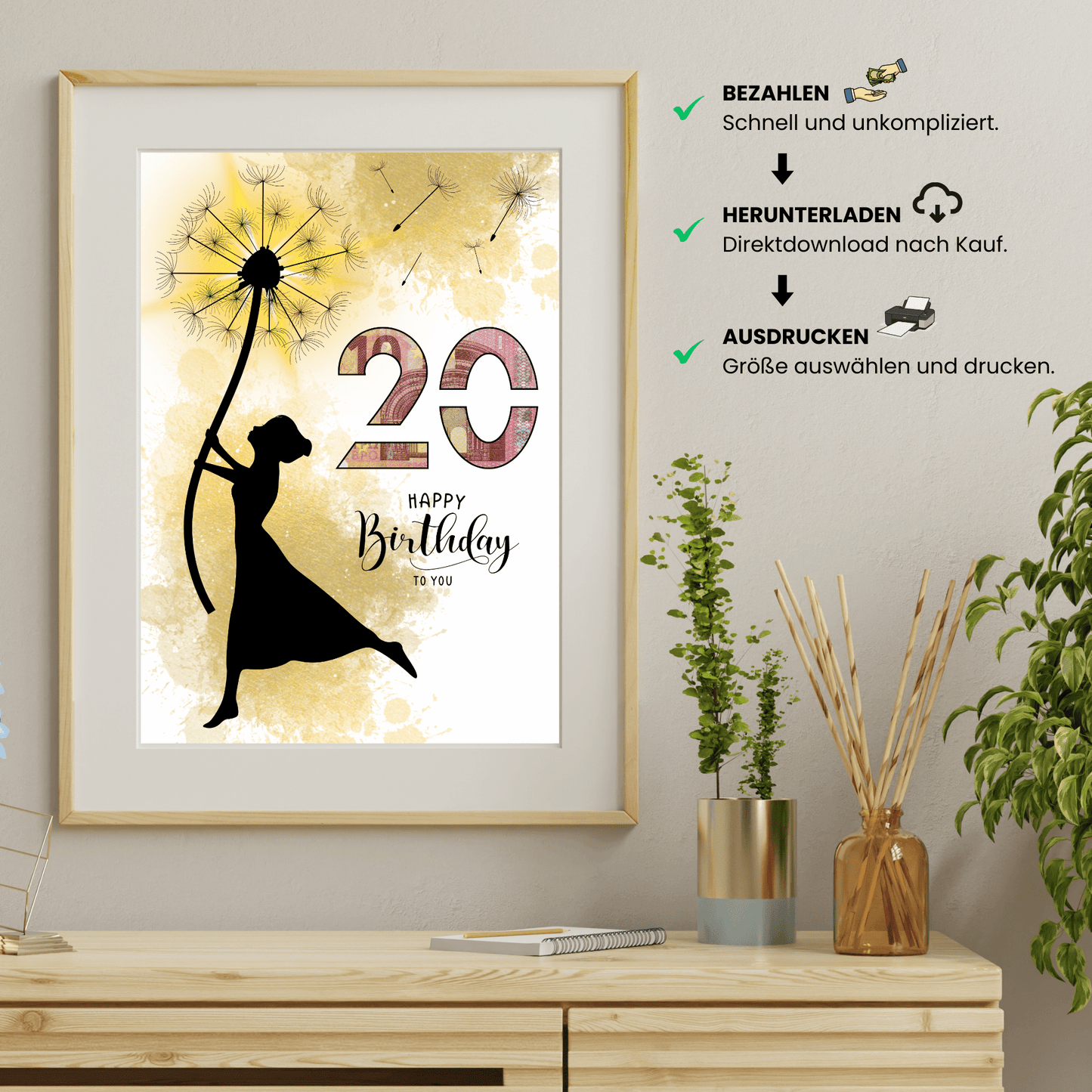 Geldgeschenk - Frau mit Pusteblume als Geschenk zum 20. Geburtstag - eCARD4you