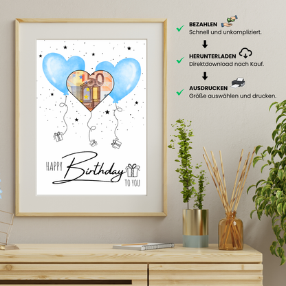 Geldgeschenk - Geschenk für den Geburtstag mit hellblauen Herzen