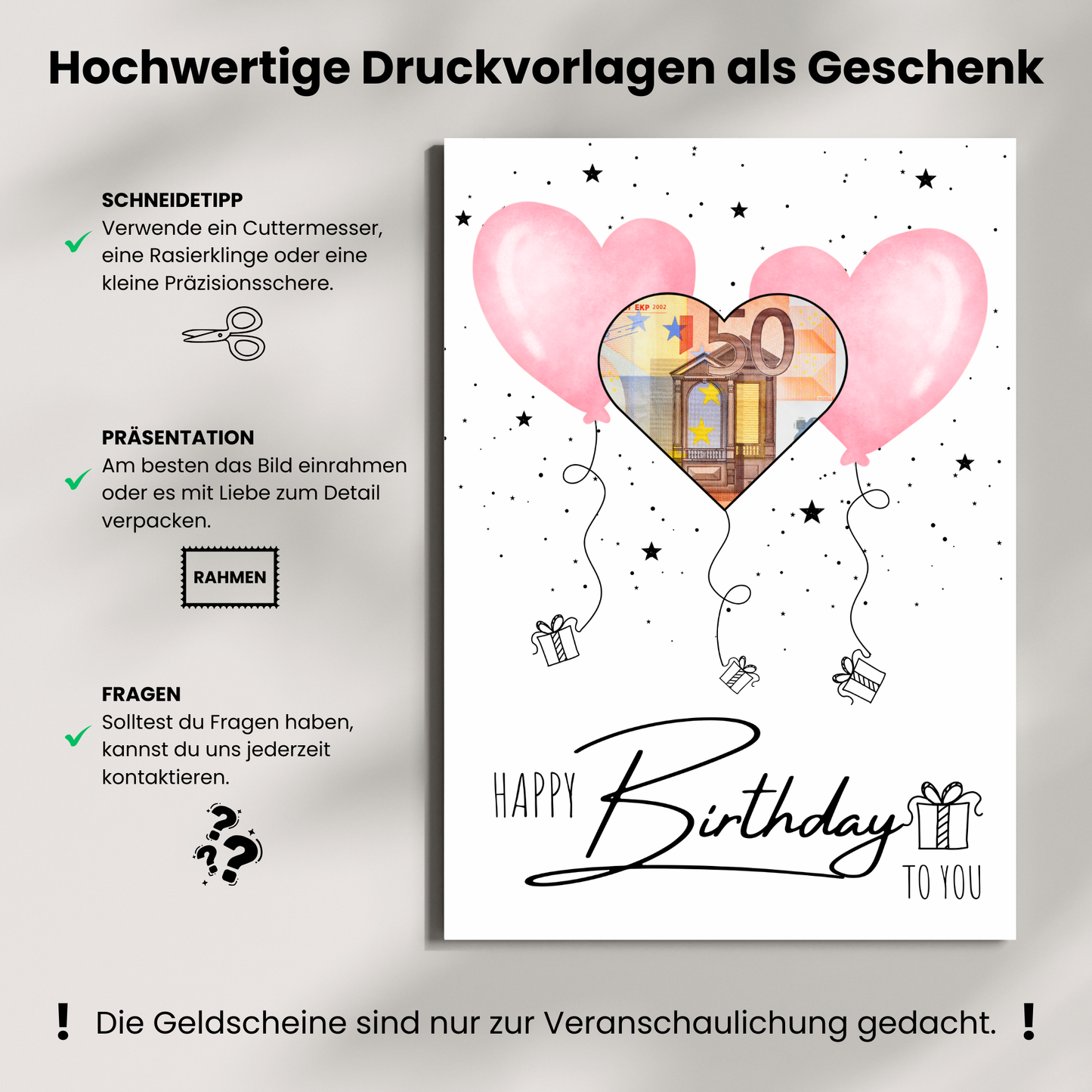 Geldgeschenk - Geschenk für den Geburtstag mit rosa Herzen
