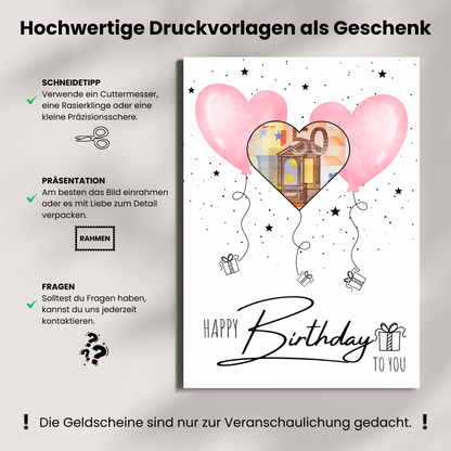 Geldgeschenk - Geschenk für den Geburtstag mit rosa Herzen