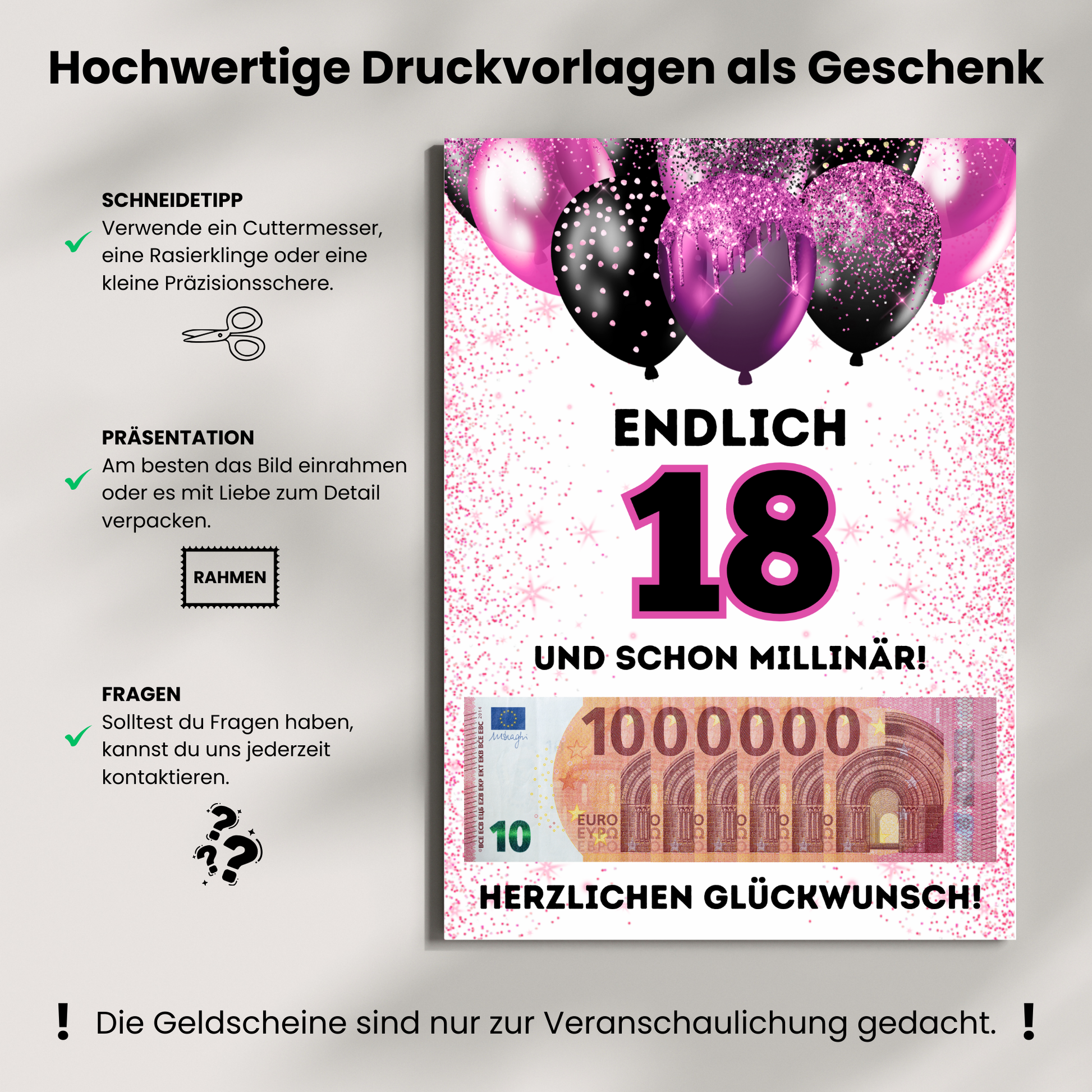 Geldgeschenk - Endlich 18 und schon Millionär mit lila Luftballons (Kopie) - eCARD4you