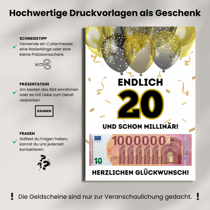 Geldgeschenk - Endlich 20 und schon Millionär mit Gold Luftballons - eCARD4you