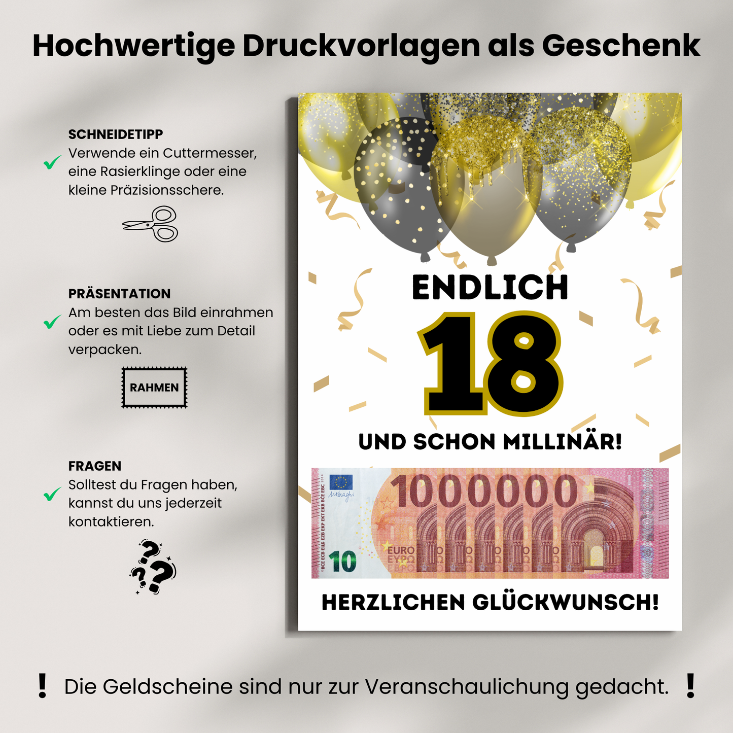 Geldgeschenk - Endlich 18 und schon Millionär mit Gold Luftballons - eCARD4you