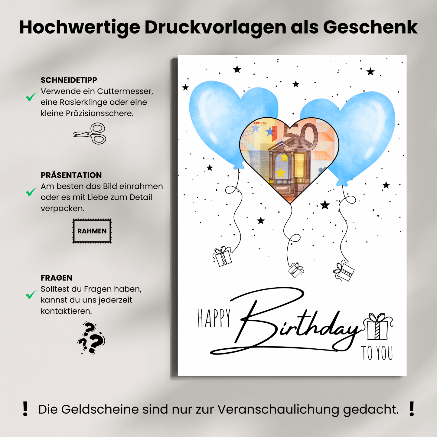 Geldgeschenk - Geschenk für den Geburtstag mit hellblauen Herzen