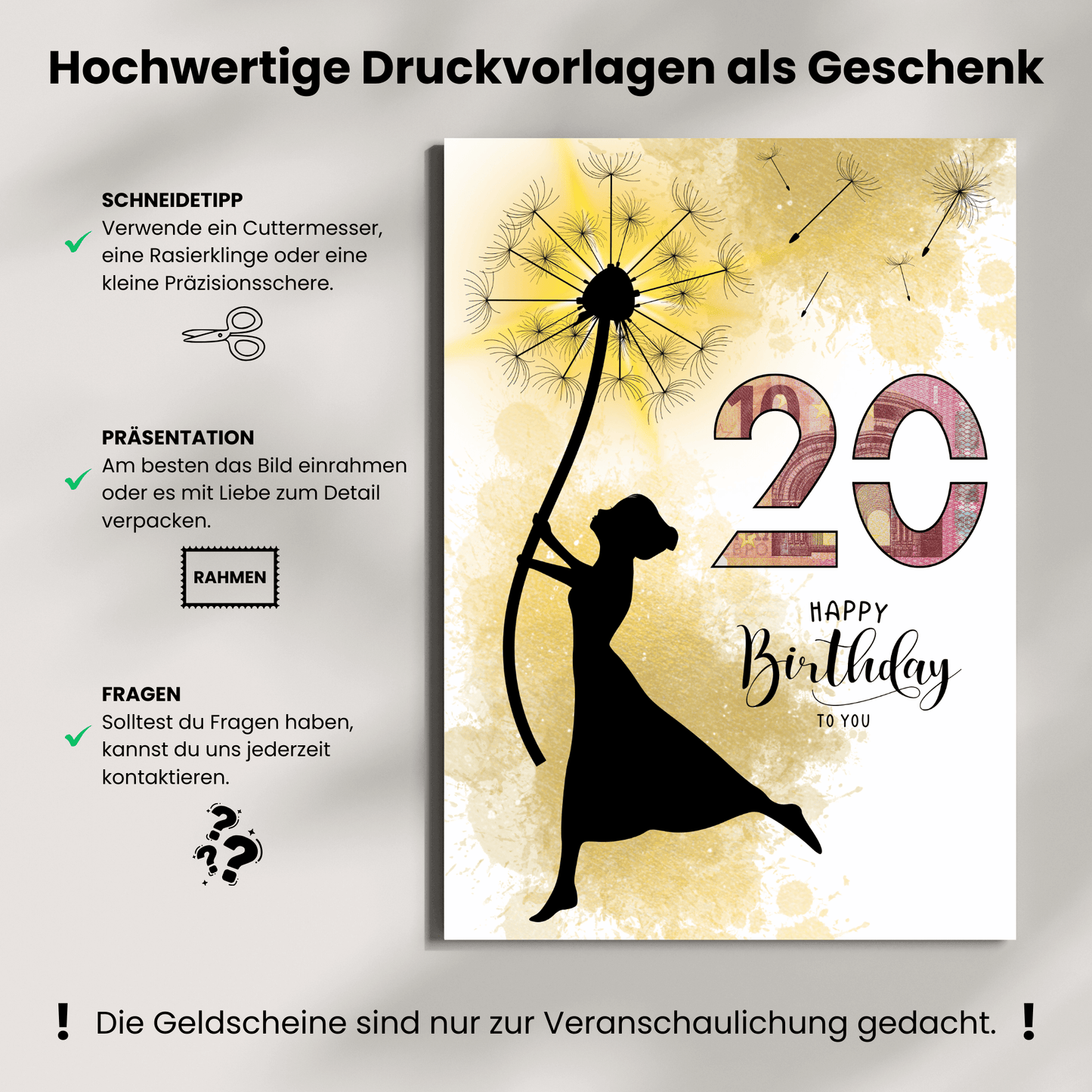 Geldgeschenk - Frau mit Pusteblume als Geschenk zum 20. Geburtstag - eCARD4you