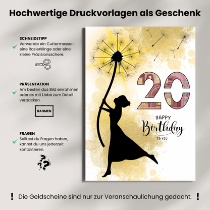Geldgeschenk - Frau mit Pusteblume als Geschenk zum 20. Geburtstag - eCARD4you