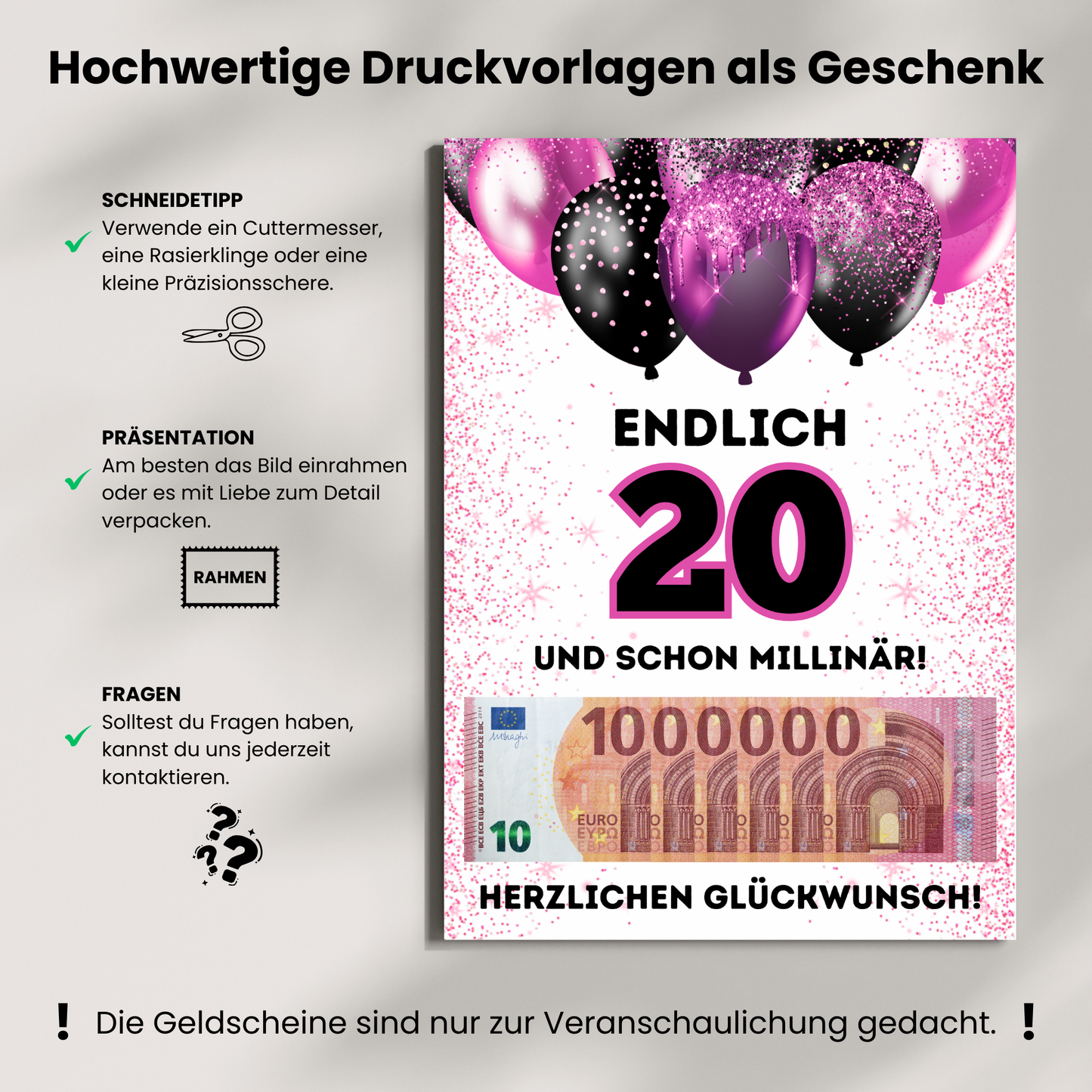 Geldgeschenk - Endlich 20 und schon Millionär mit lila Luftballons - eCARD4you