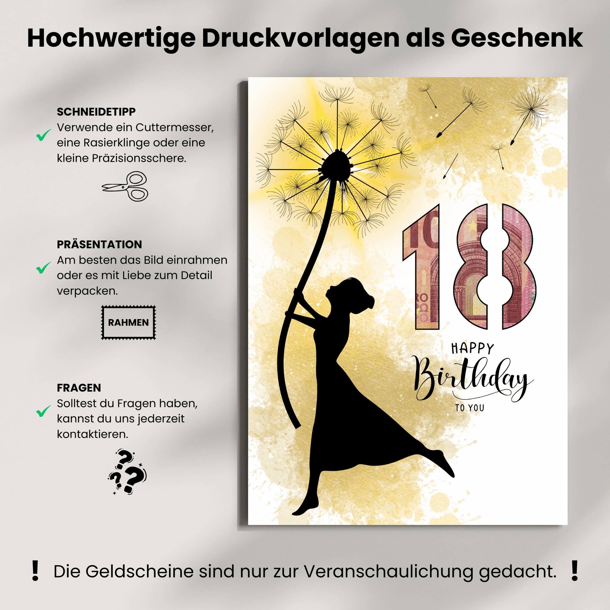 Geldgeschenk - Frau mit Pusteblume als Geschenk zum 18. Geburtstag - eCARD4you