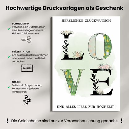 Geldgeschenk - Love Geschenkidee für die Hochzeit mit Blumen