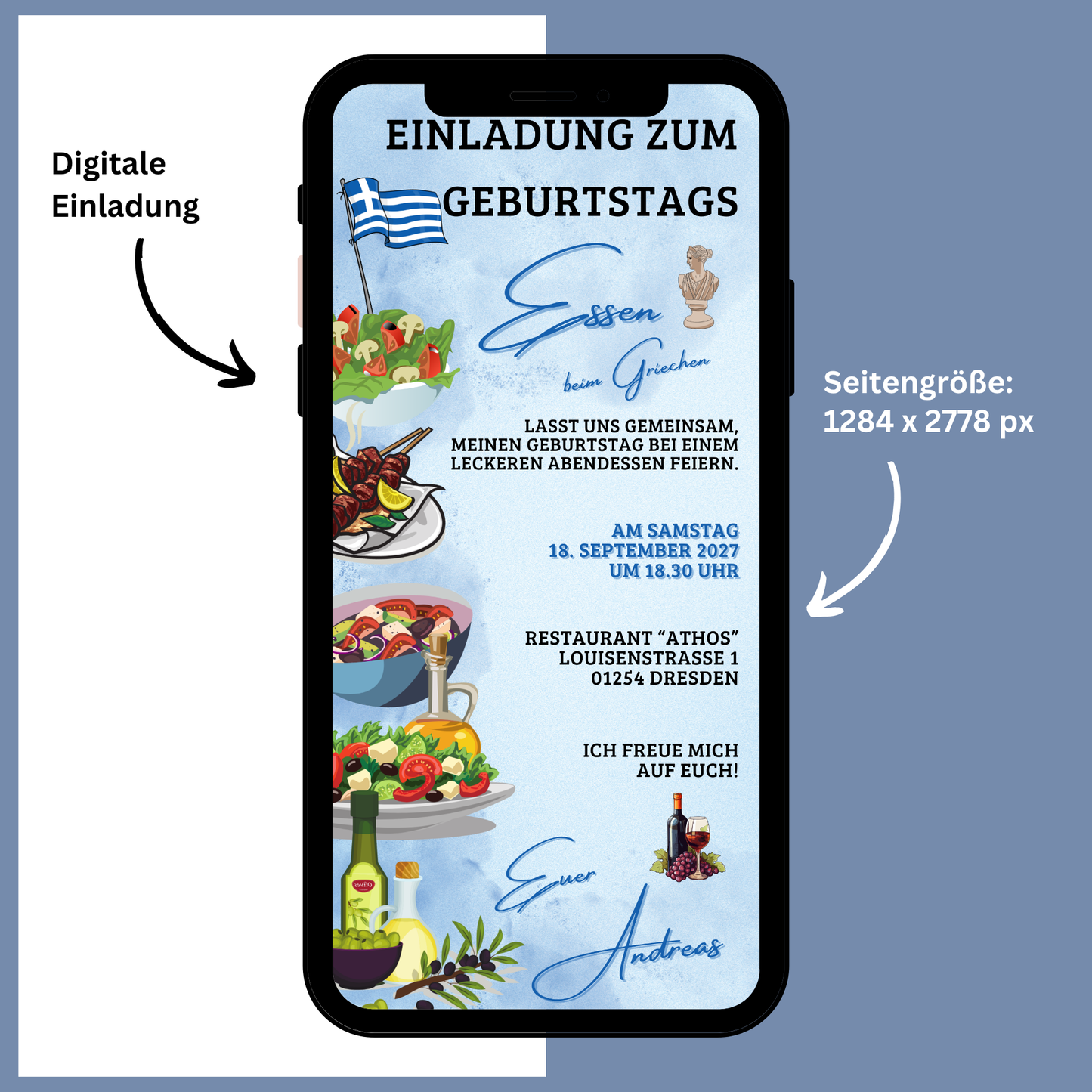 eCARD - Einladung Geburtstag Abendessen Grieche