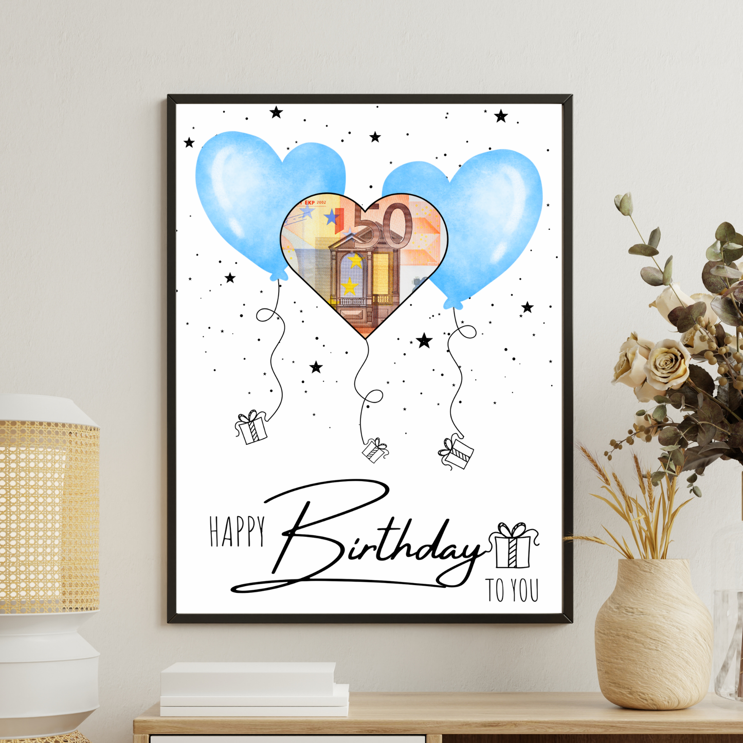 Geldgeschenk - Geschenk für den Geburtstag mit hellblauen Herzen