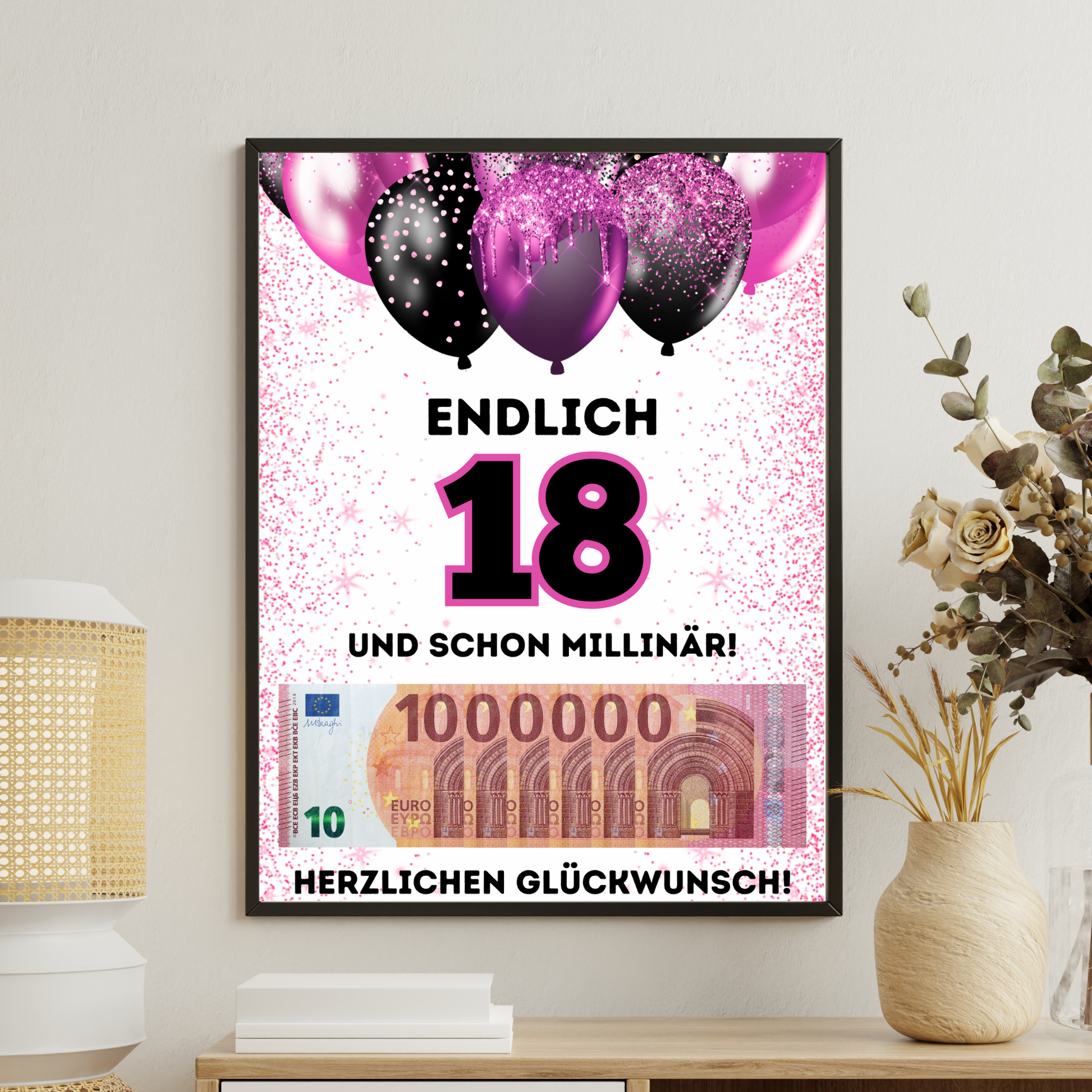Geldgeschenk - Endlich 18 und schon Millionär mit lila Luftballons (Kopie) - eCARD4you