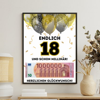 Geldgeschenk - Endlich 18 und schon Millionär mit Gold Luftballons - eCARD4you