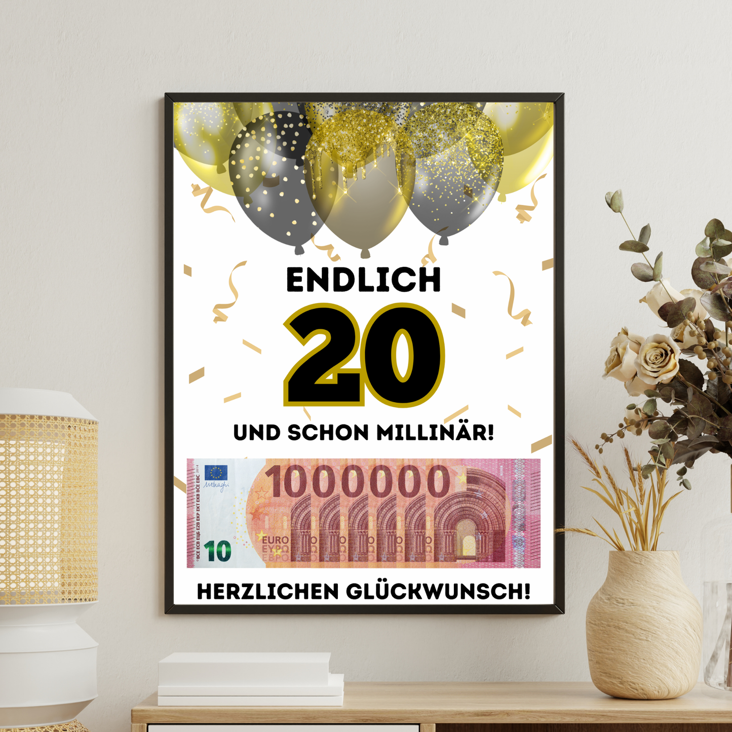 Geldgeschenk - Endlich 20 und schon Millionär mit Gold Luftballons - eCARD4you
