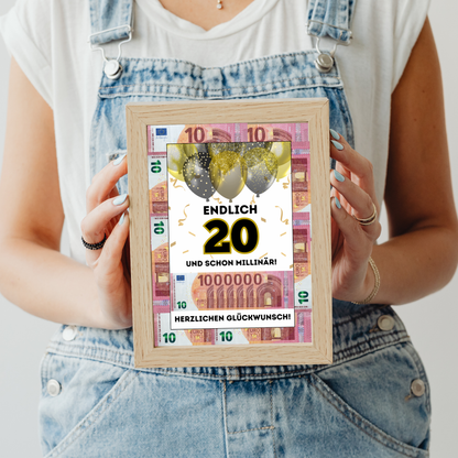 Geldgeschenk - Endlich 20 und schon Millionär mit Gold Luftballons - eCARD4you