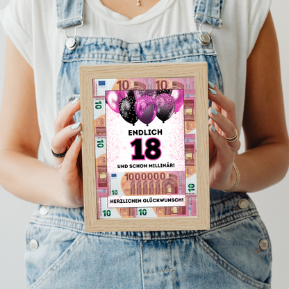Geldgeschenk - Endlich 18 und schon Millionär mit lila Luftballons (Kopie) - eCARD4you