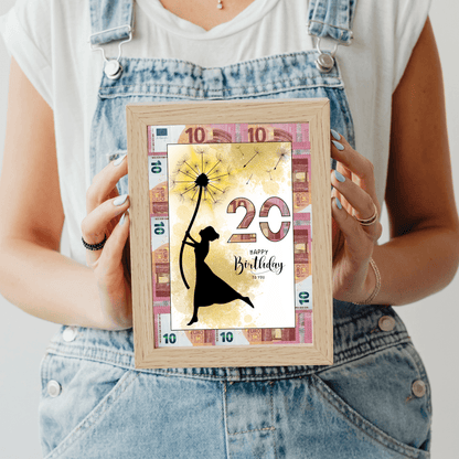 Geldgeschenk - Frau mit Pusteblume als Geschenk zum 20. Geburtstag - eCARD4you