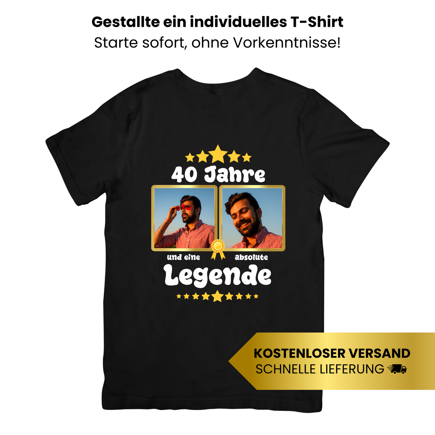 Party-T-Shirt zum 40. Geburtstag Legende mit 2 Fotos