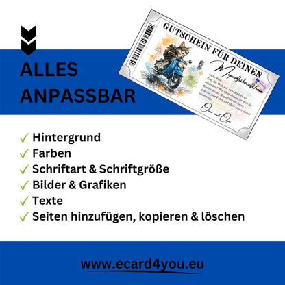 Mopedführerschein Gutschein Geschenk Großeltern Katze Charakter blaue Schwalbe