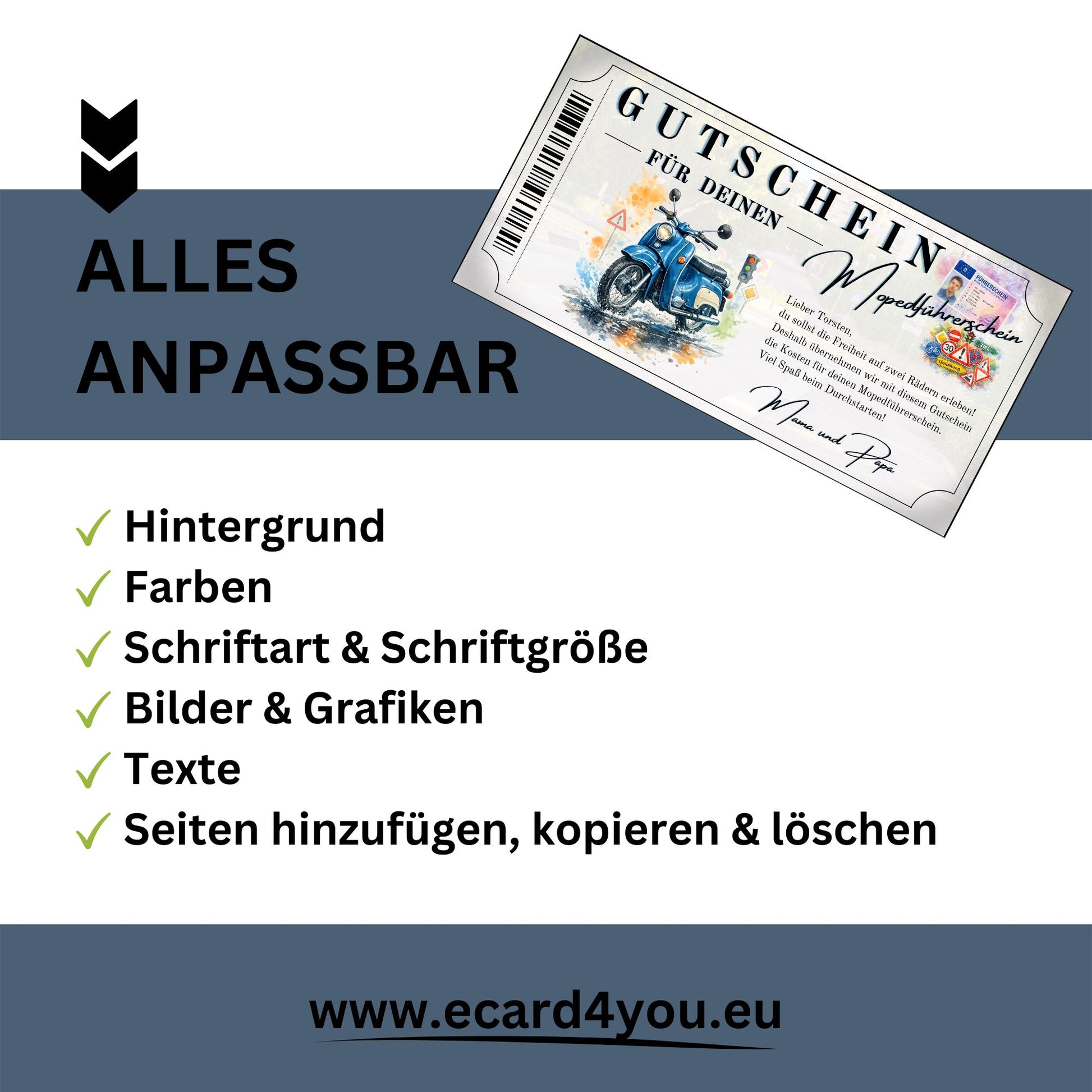 Mopedführerschein Gutschein Schwalbe blau Aquarell Farbspritzer Verkehrszeichen