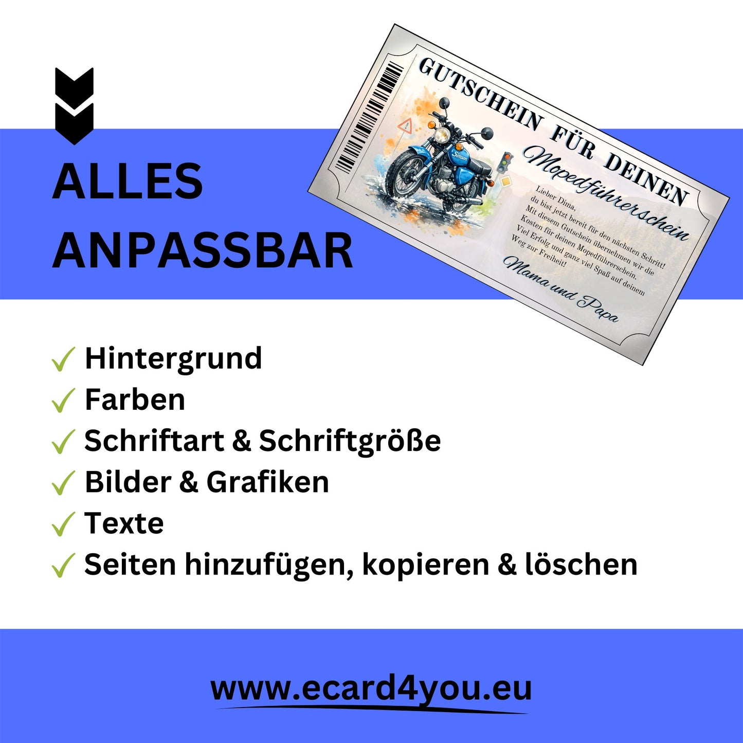 Mopedführerschein Gutschein blaue Simson Aquarell mit Ampel und Farbspritzern