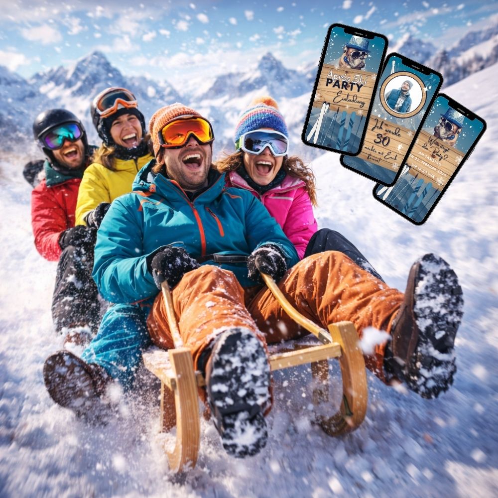 Digitale Einladungskarte Après-Ski mit Schlittenfahrt-Szene und fröhlicher Gruppe in bunten Winteroutfits