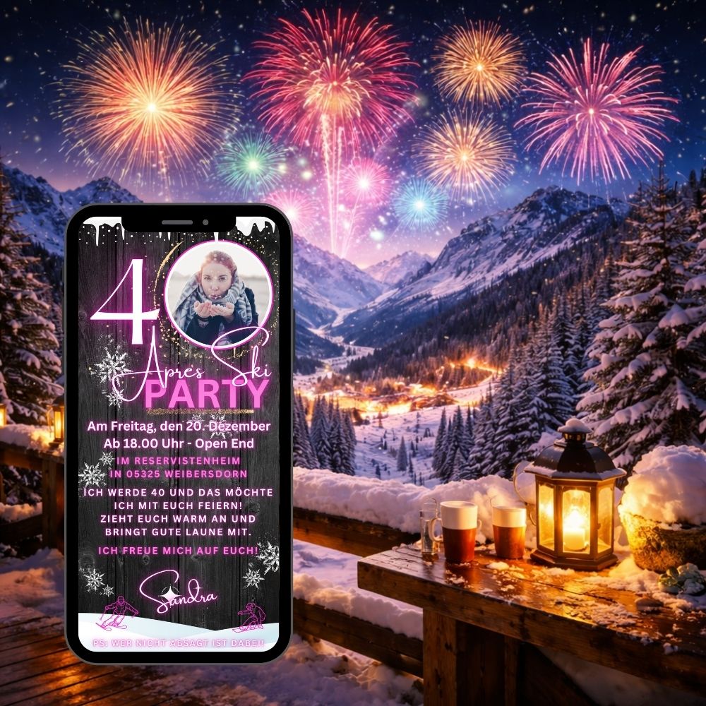 Animierte Après-Ski Party Einladung mit Feuerwerk über dem Alpenpanorama und beleuchteter Holzterrasse bei Nacht