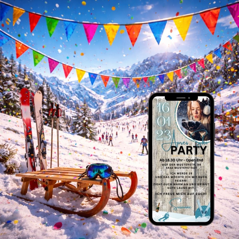 WhatsApp Einladungskarte Après-Ski Party mit bunten Wimpeln, Konfetti und feiernder Bergpartystimmung auf der Piste