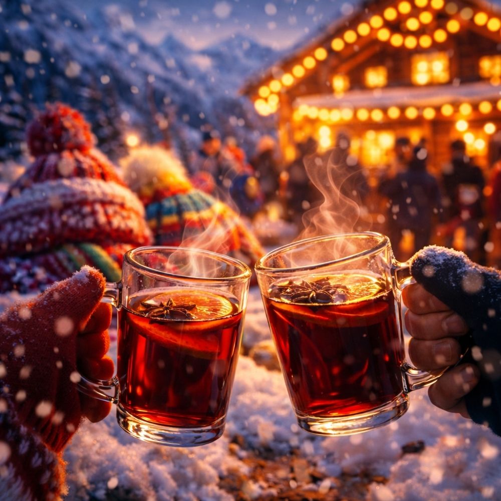 Animierte WhatsApp Einladung zur Après-Ski Party mit Glühweinbechern und festlicher Almhüttenatmosphäre