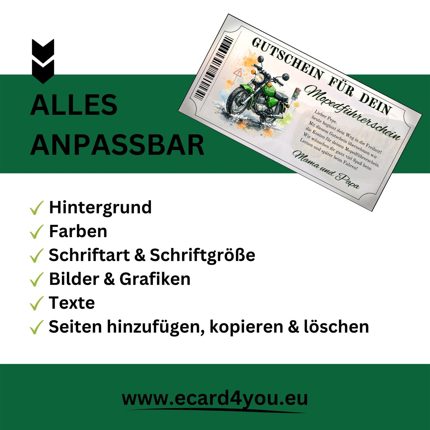 Mopedführerschein Gutschein Simson Aquarell grün mit Ampel und Farbspritzern