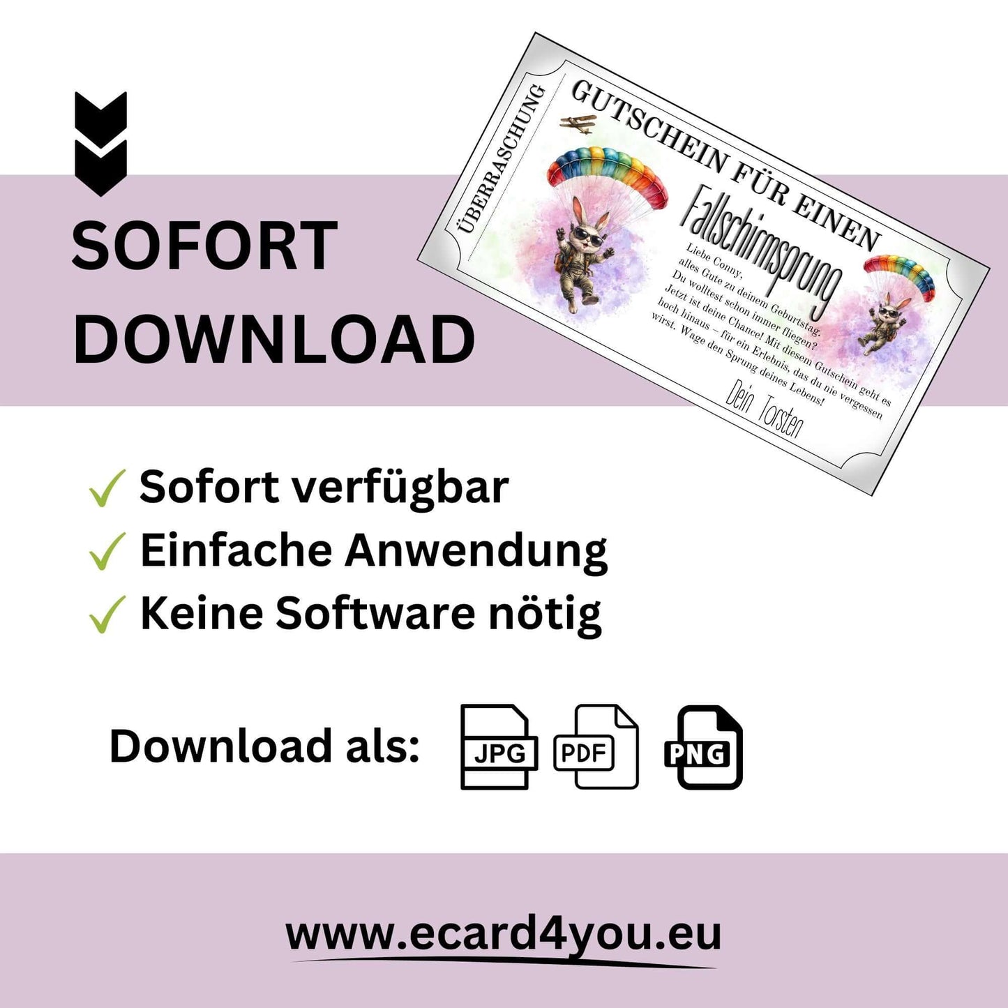 Skydiving Geschenkidee lustig als druckbare PDF mit Cartoon-Hase und buntem Fallschirm