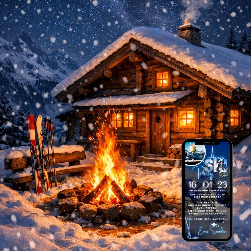 Digitale Après-Ski Einladung mit beleuchteter Almhütte und Lagerfeuer in verschneiter Berglandschaft bei Nacht