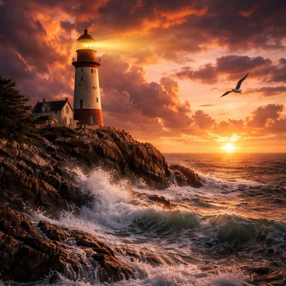 Maritime Einladungskarte online – romantischer Leuchtturm bei Abendrot