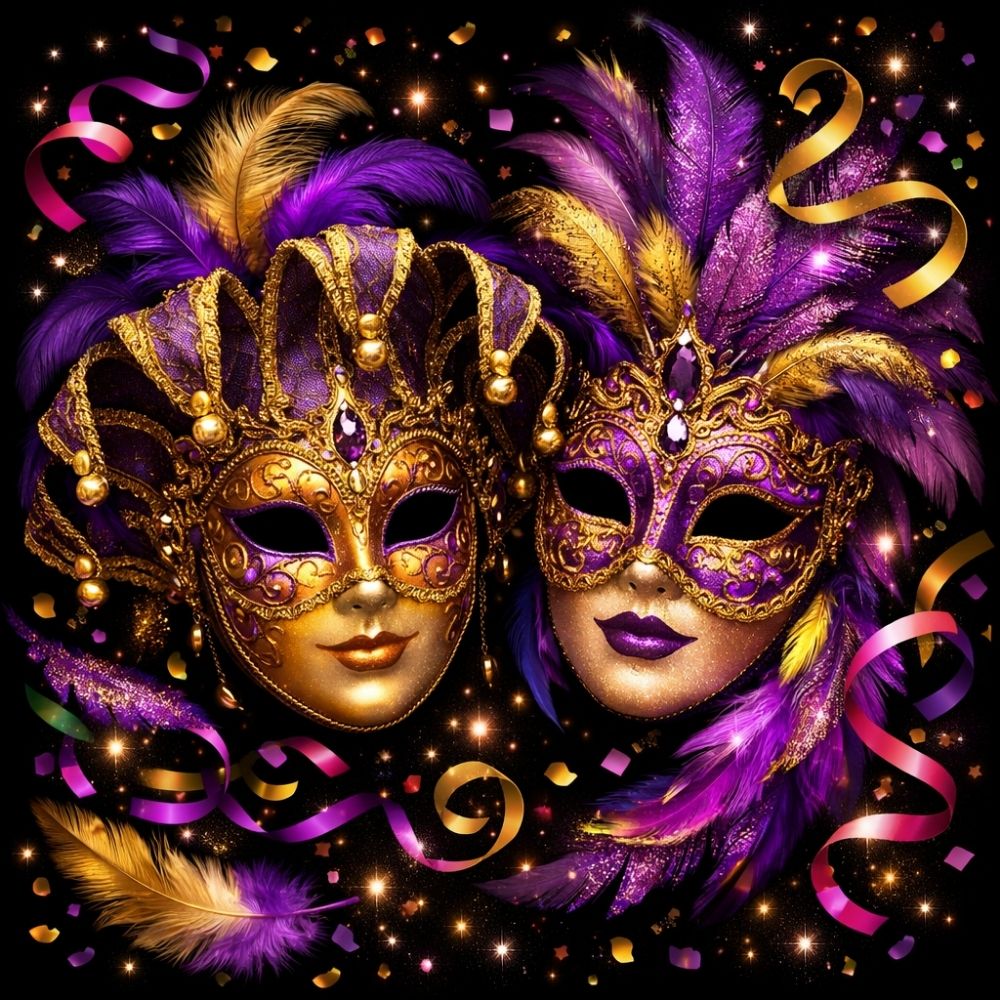 Digitale Karneval Mottoparty Einladung mit venezianischen Goldmasken und buntem Konfetti auf schwarzem Hintergrund