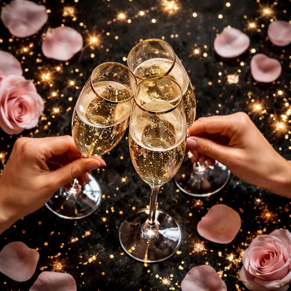Drei Champagnergläser mit goldenen Rändern auf schwarzem Marmor, umgeben von rosafarbenen Rosenblüten und Goldkonfetti – stimmungsvolle Ladies Night Atmosphäre