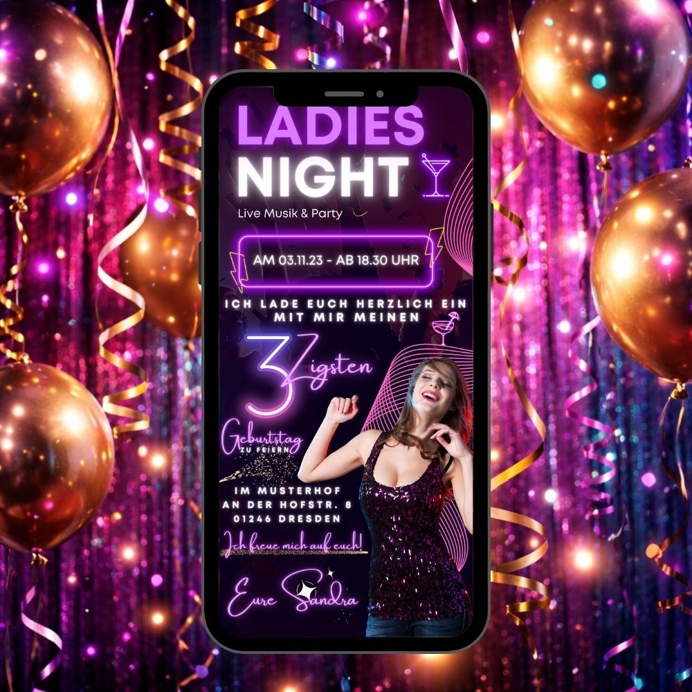 Bunte Neonlichter in Pink und Lila mit Glitzervorhang, Luftschlangen und goldenen Luftballons – dynamische Ladies Night Mottoparty Feststimmung