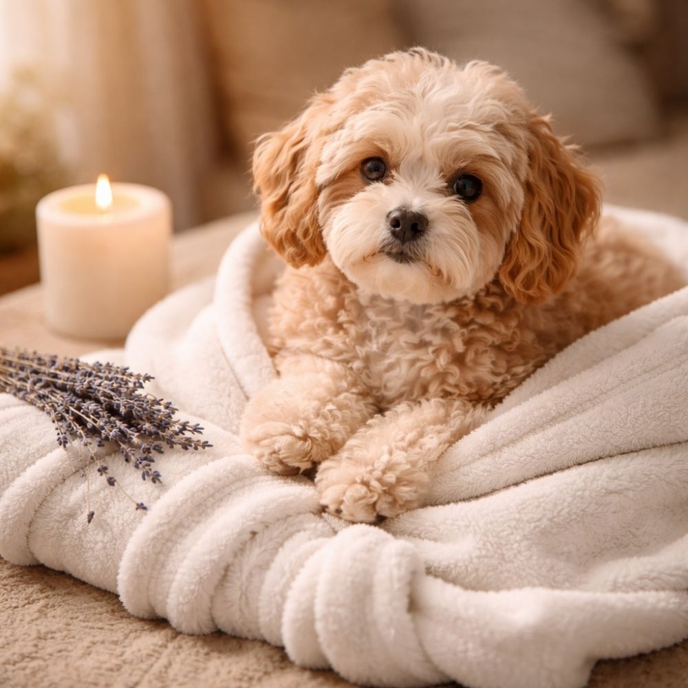 Hund auf weißem Bademantel mit Kerze – Wellness Spa Gutschein als besonderes Geschenk