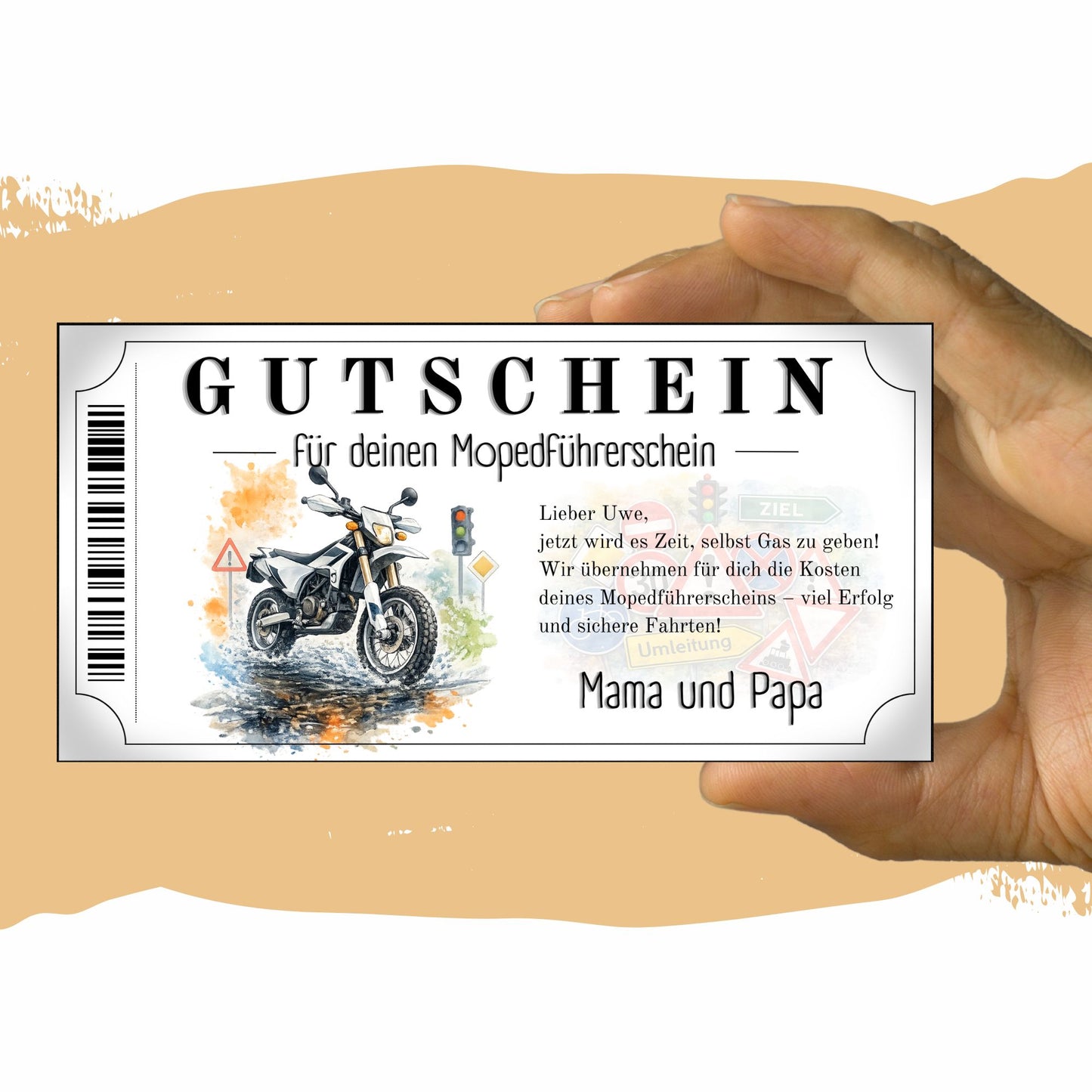 Gutschein Mopedführerschein Enduro Motorrad Aquarell mit Farbspritzern und Barcode